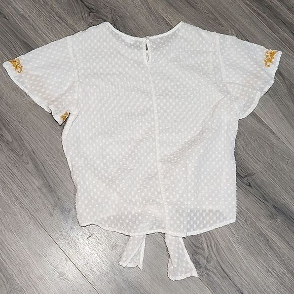 White Golden Yellow Embroidered Flutter Sleeve Tie Waist 100% Cotton Blouse - Picture 7 of 8